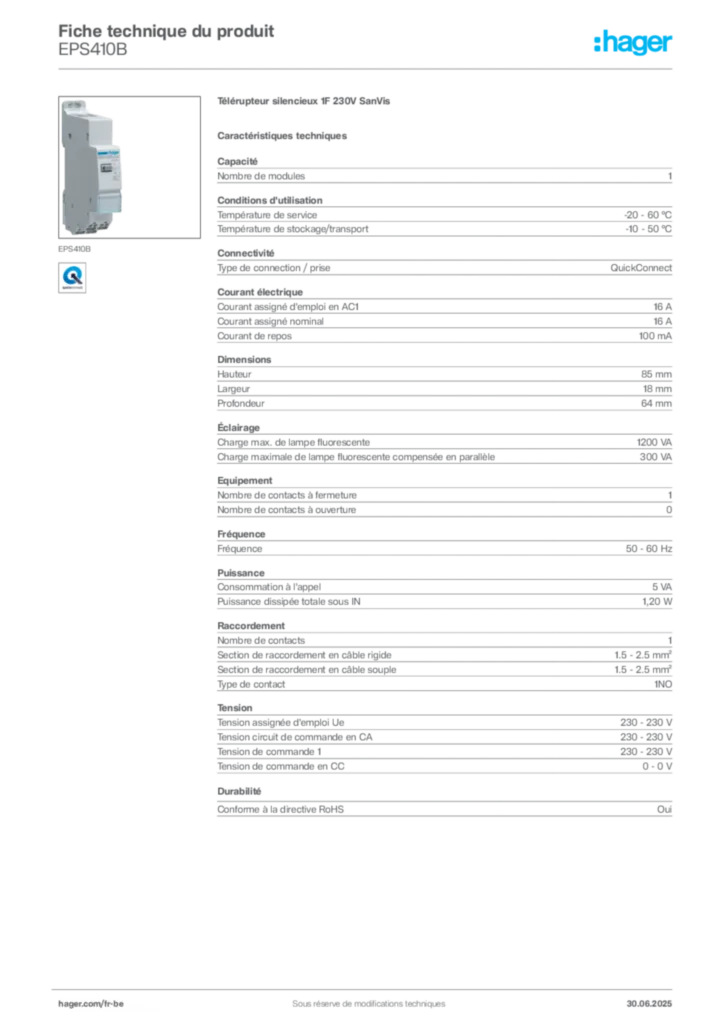 Image Hager Fiche technique du produit EPS410B | Hager Belgique