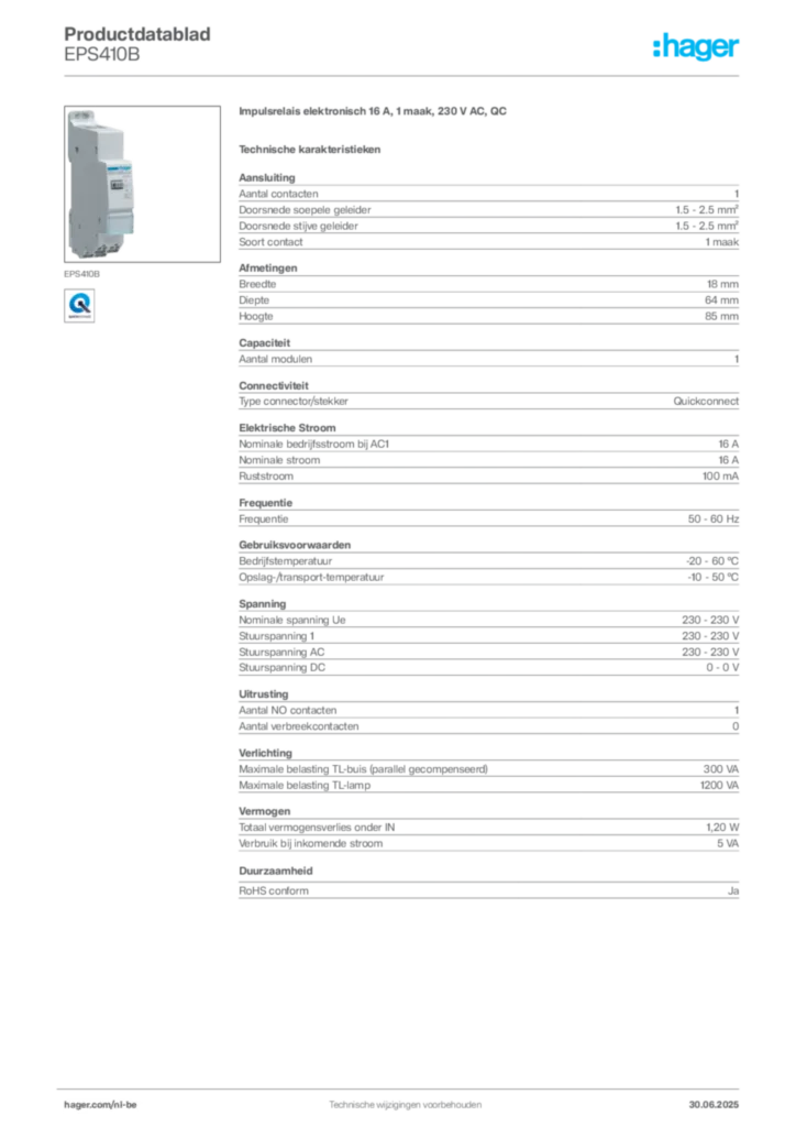 Afbeelding Hager Productdatablad EPS410B | Hager Belgium