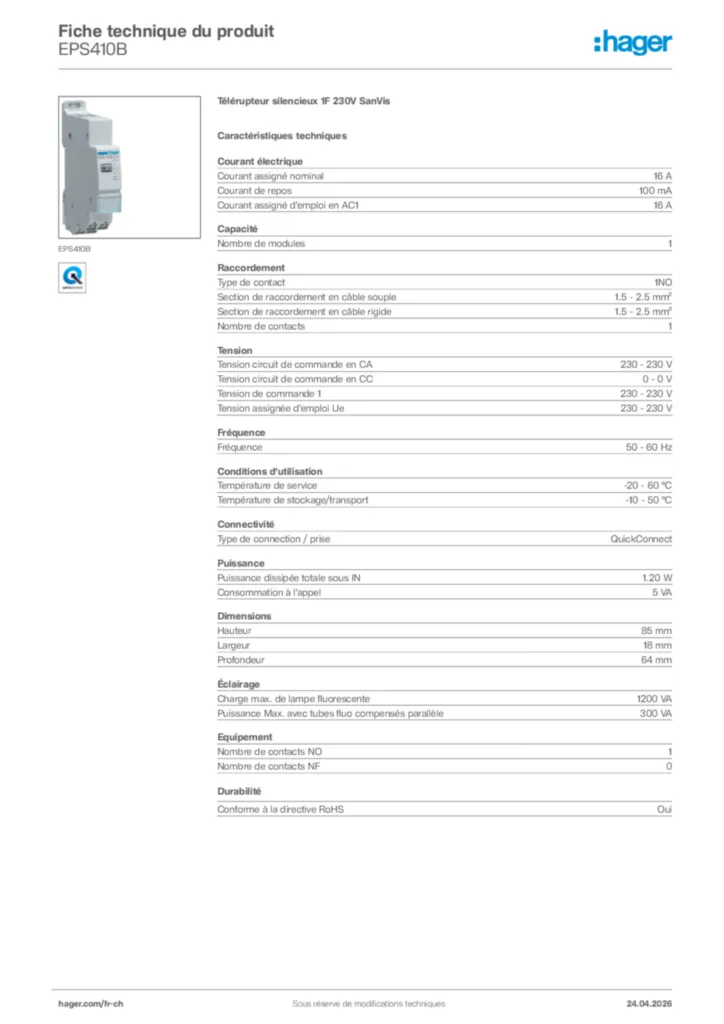Image Hager Fiche technique du produit EPS410B | Hager Suisse
