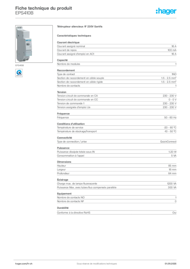 Image Hager Fiche technique du produit EPS410B | Hager Suisse