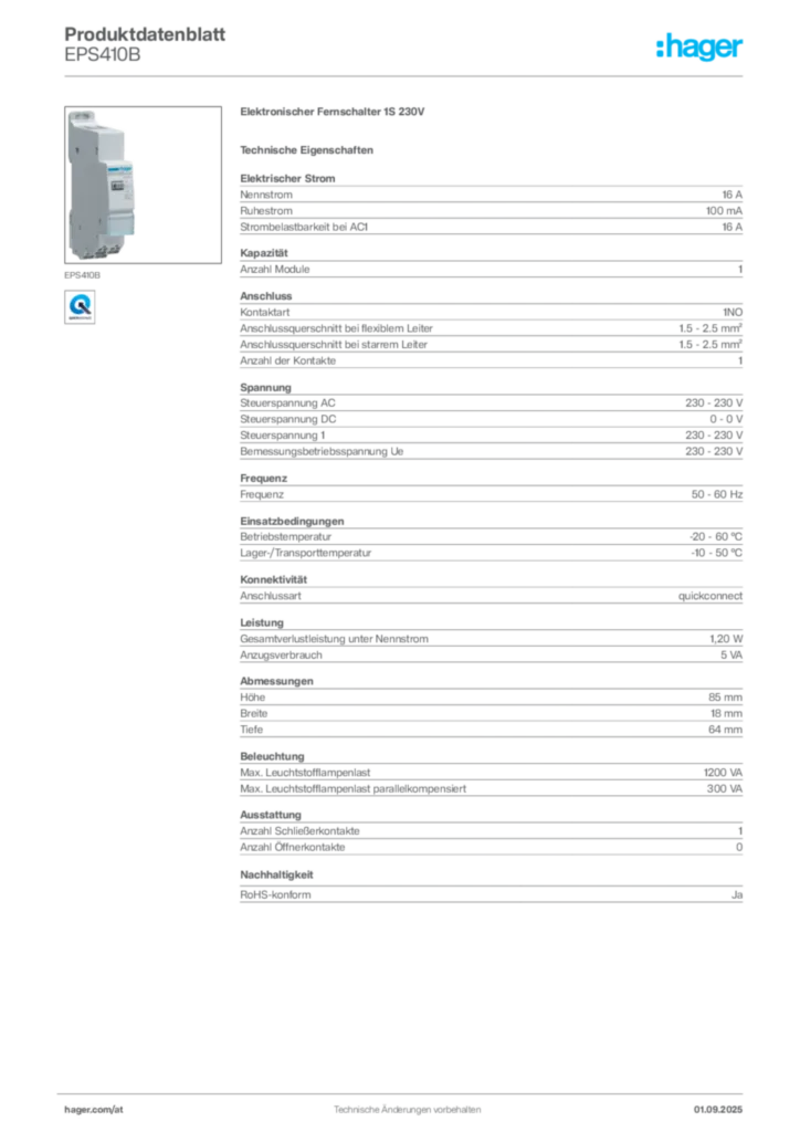 Bild Hager Produktdatenblatt EPS410B | Hager Deutschland