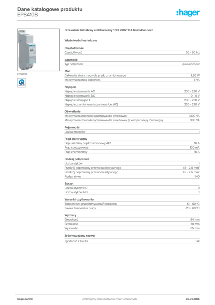 Zdjęcie Hager Karta katalogowa EPS410B | Hager Polska