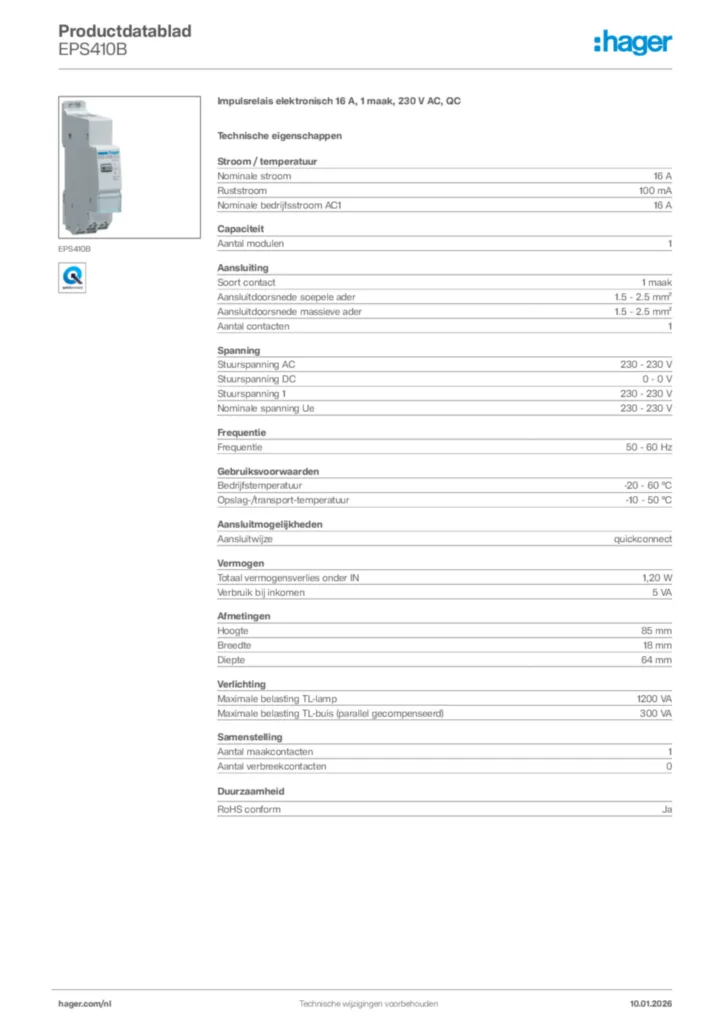 Afbeelding Hager Productdatablad EPS410B | Hager Nederland