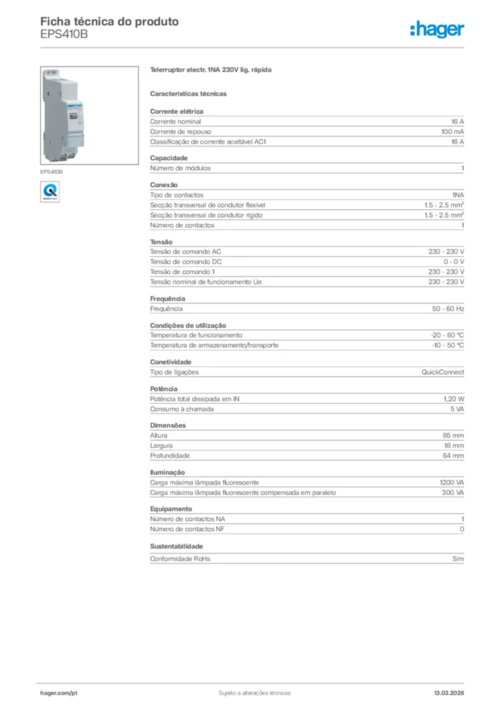 Imagem Hager Ficha técnica do produto EPS410B | Hager Portugal