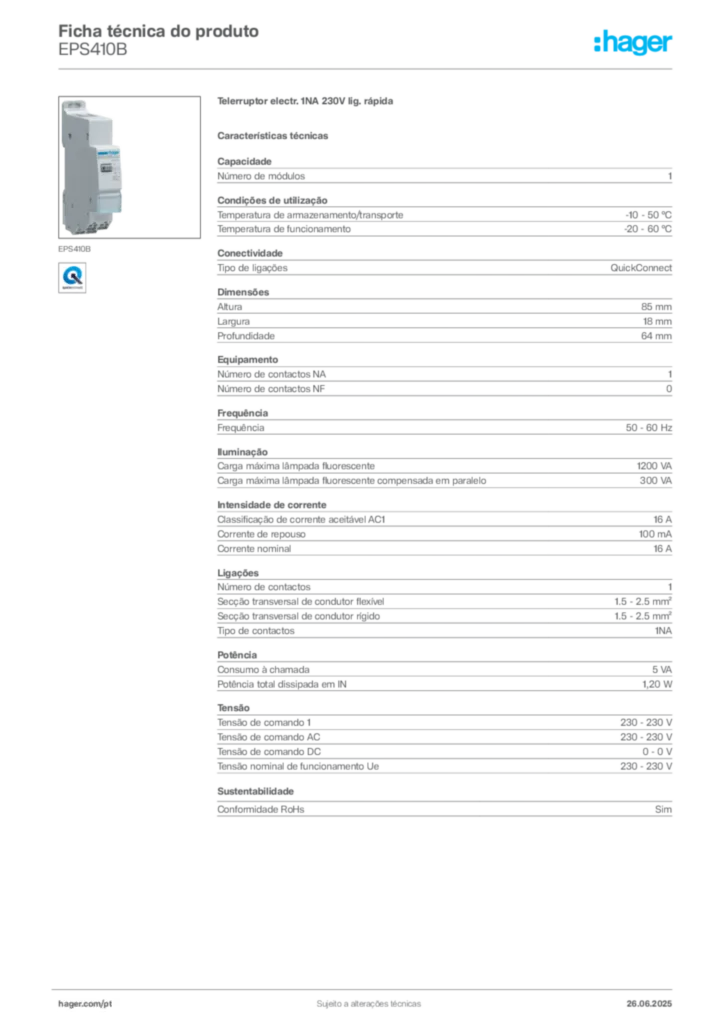 Imagem Hager Ficha técnica do produto EPS410B | Hager Portugal