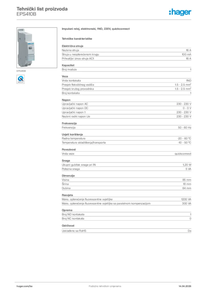 Slika Hager Tehnički list proizvoda EPS410B  | Hager
