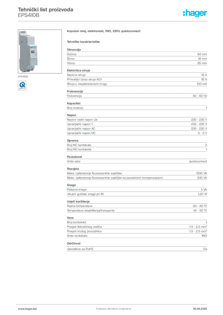 Slika Hager Product data sheet EPS410B  | Hager
