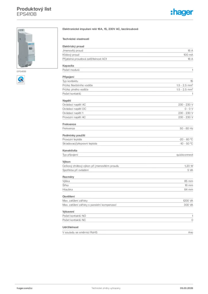 Obrázek Hager Product data sheet EPS410B | Hager