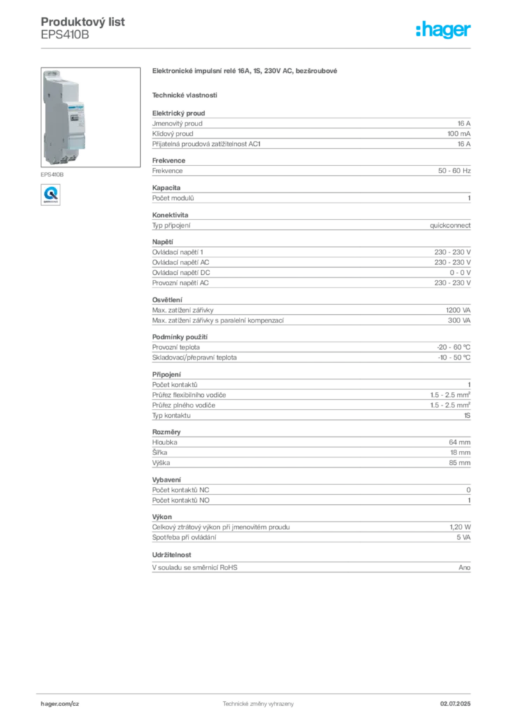 Obrázek Hager Produktový list EPS410B | Hager