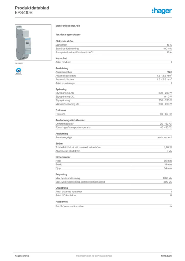 Bild Hager Produktdatablad EPS410B | Hager Sverige