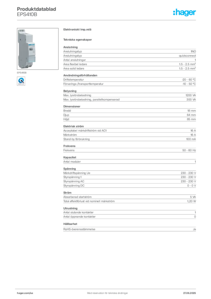 Bild Hager Produktdatablad EPS410B | Hager Sverige