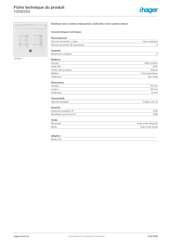Image Hager Fiche technique du produit 11816089 | Hager Belgique