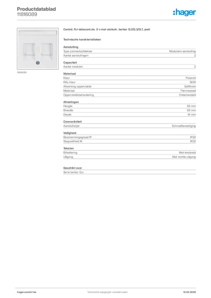 Afbeelding Hager Productdatablad 11816089 | Hager Belgium