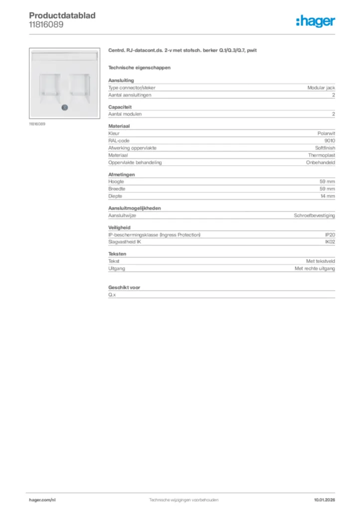 Afbeelding Hager Productdatablad 11816089 | Hager Nederland