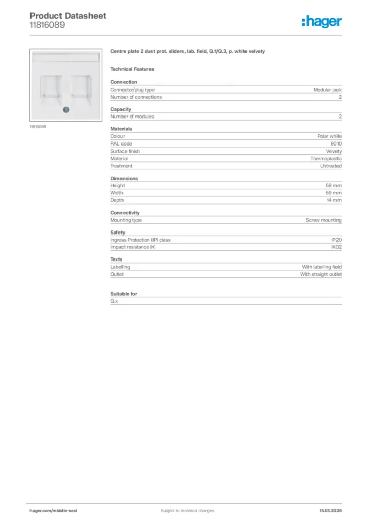 Image Hager Product data sheet 11816089  | Hager