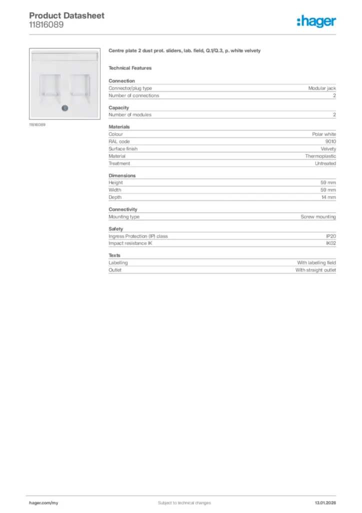 Image Hager Product data sheet 11816089  | Hager
