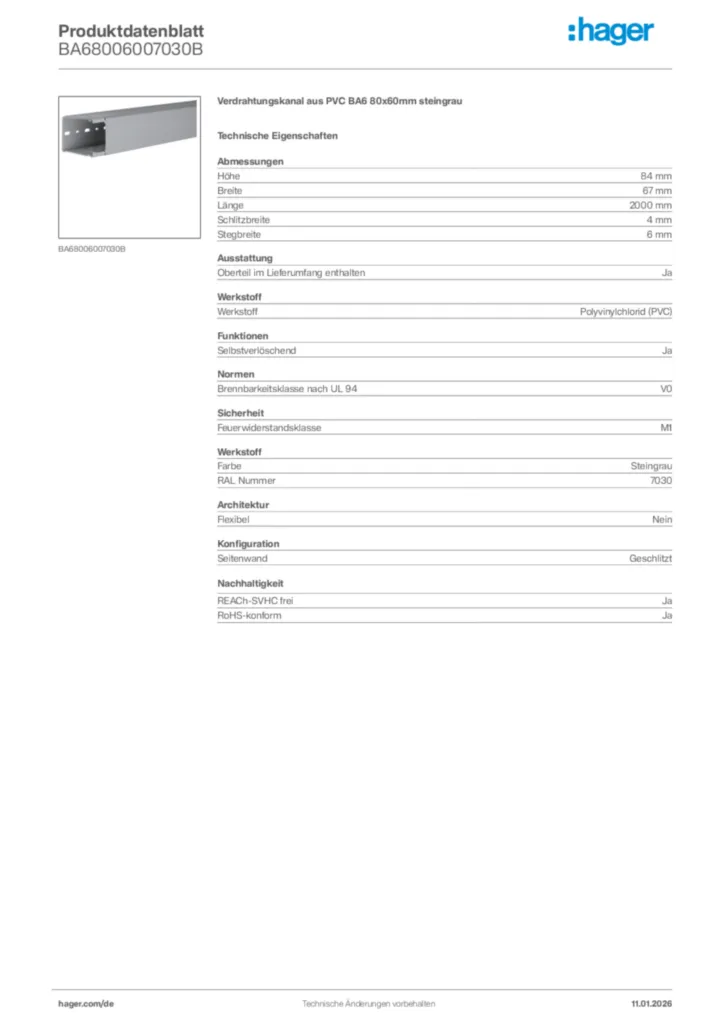 Bild Hager Produktdatenblatt BA68006007030B | Hager Deutschland