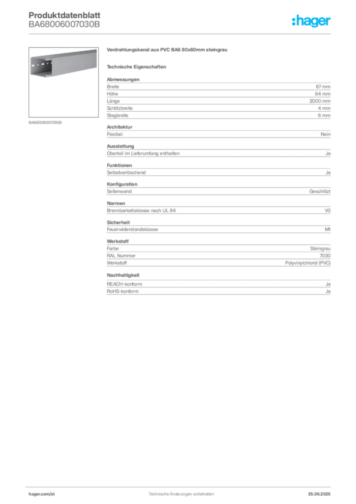 Bild Hager Produktdatenblatt BA68006007030B | Hager Deutschland
