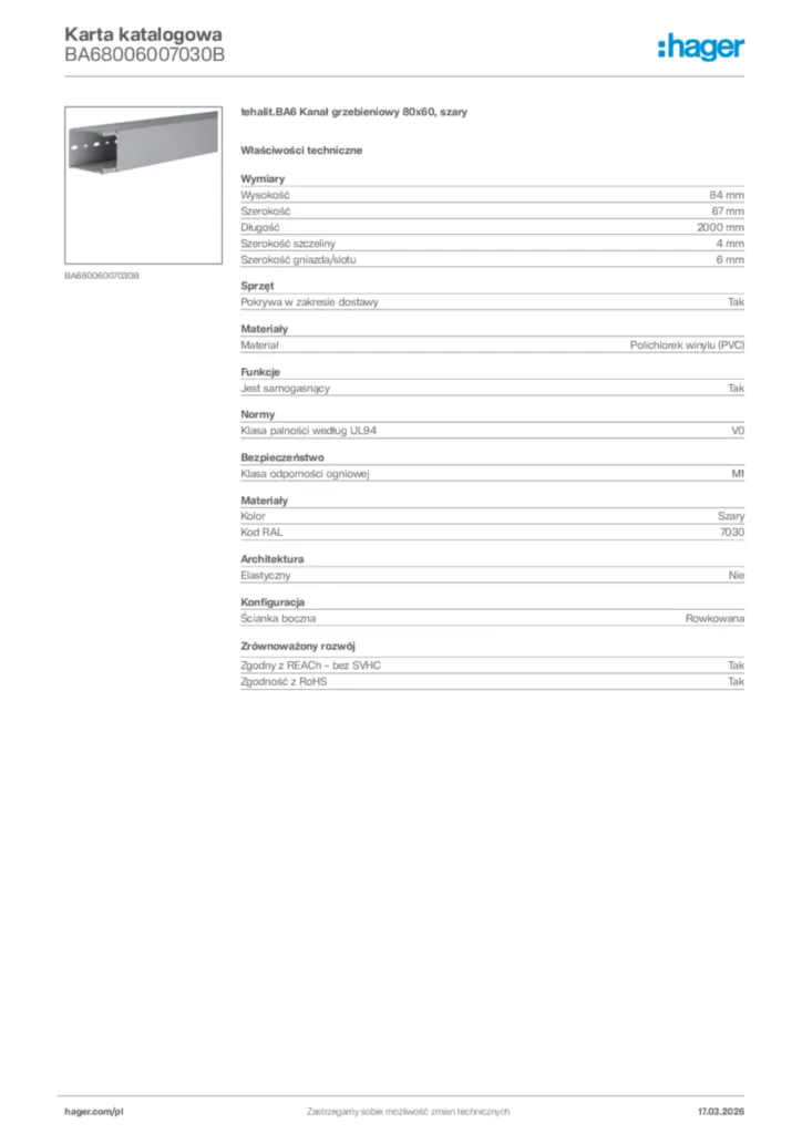 Zdjęcie Hager Karta katalogowa BA68006007030B | Hager Polska