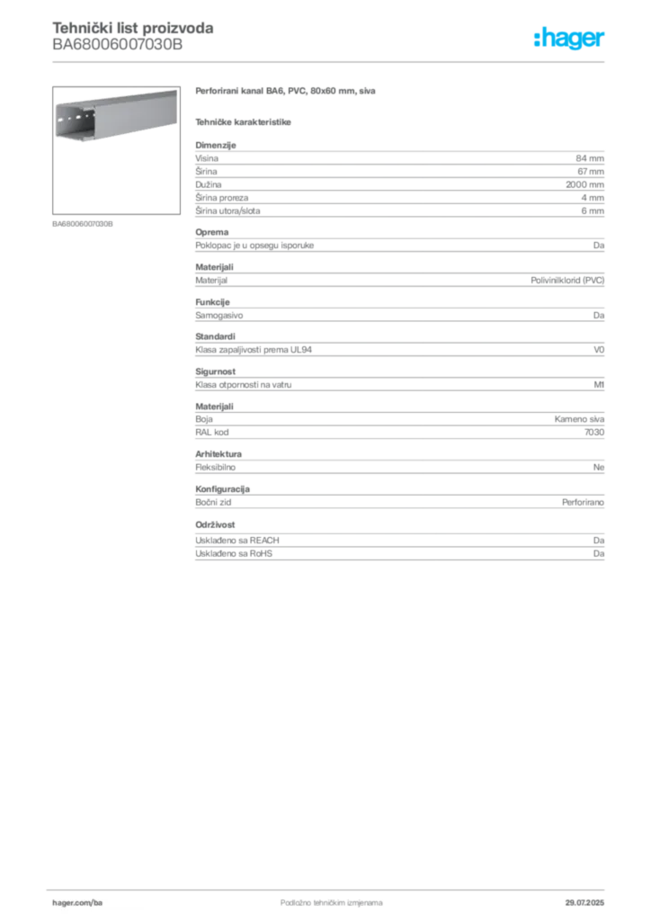 Slika Hager Product data sheet BA68006007030B  | Hager