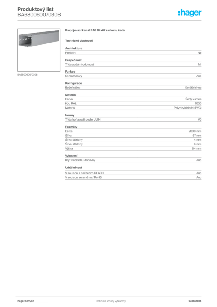 Obrázek Hager Produktový list BA68006007030B | Hager