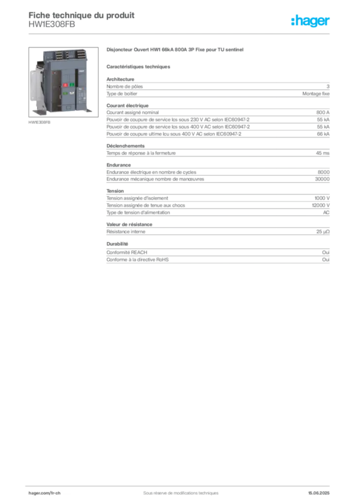 Image Hager Fiche technique du produit HW1E308FB | Hager Suisse