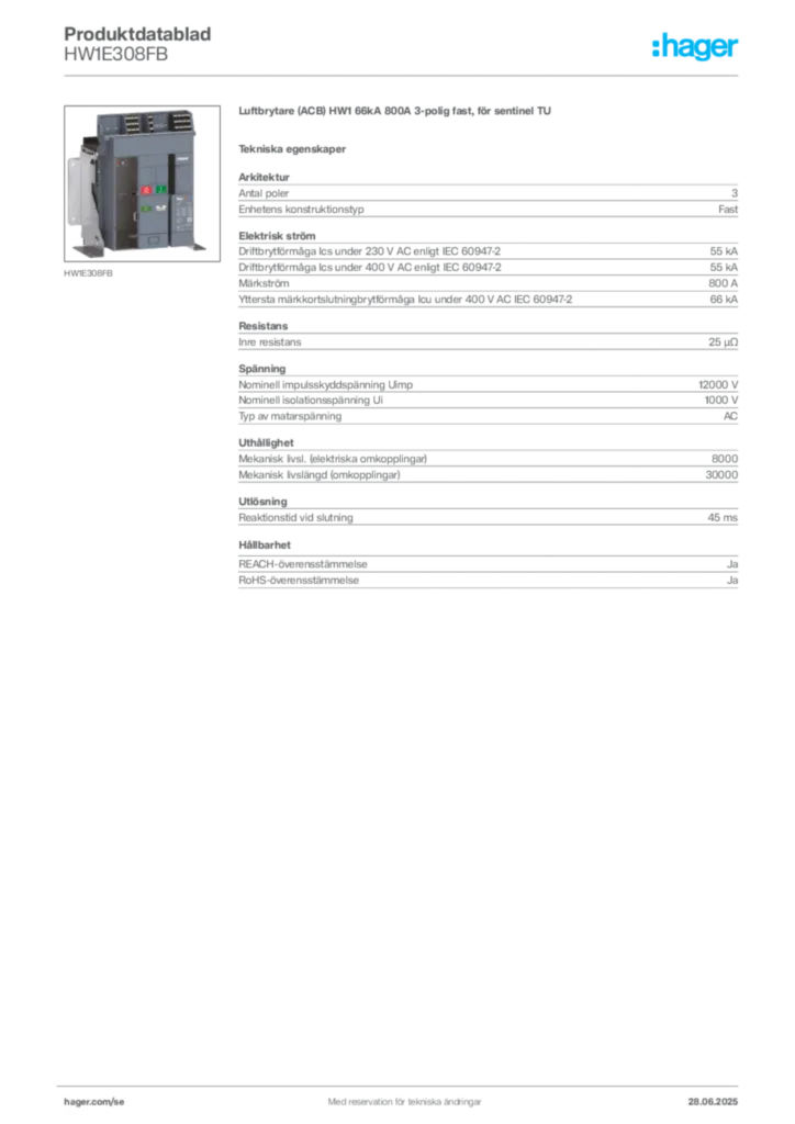 Bild Hager Produktdatablad HW1E308FB | Hager Sverige