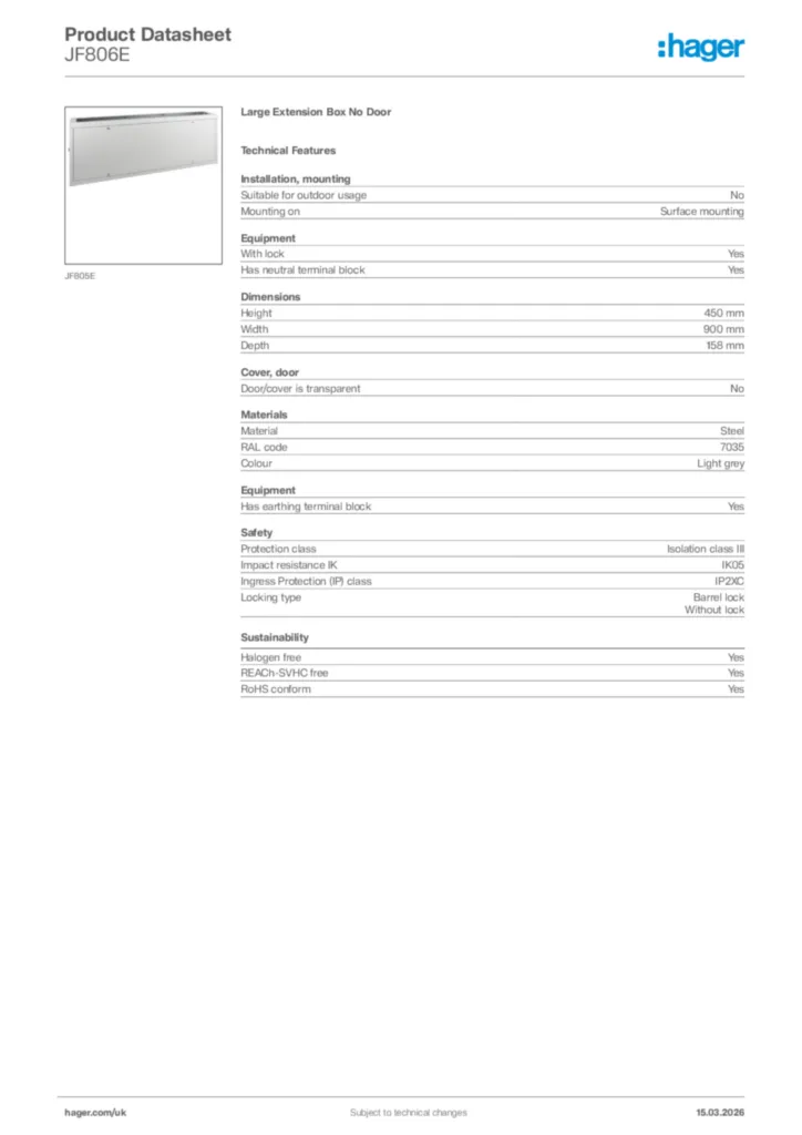 Image Hager Product data sheet JF806E  | Hager