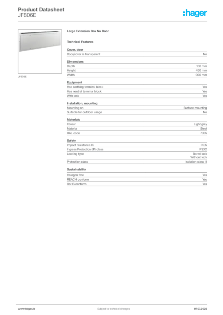 Image Hager Product data sheet JF806E  | Hager