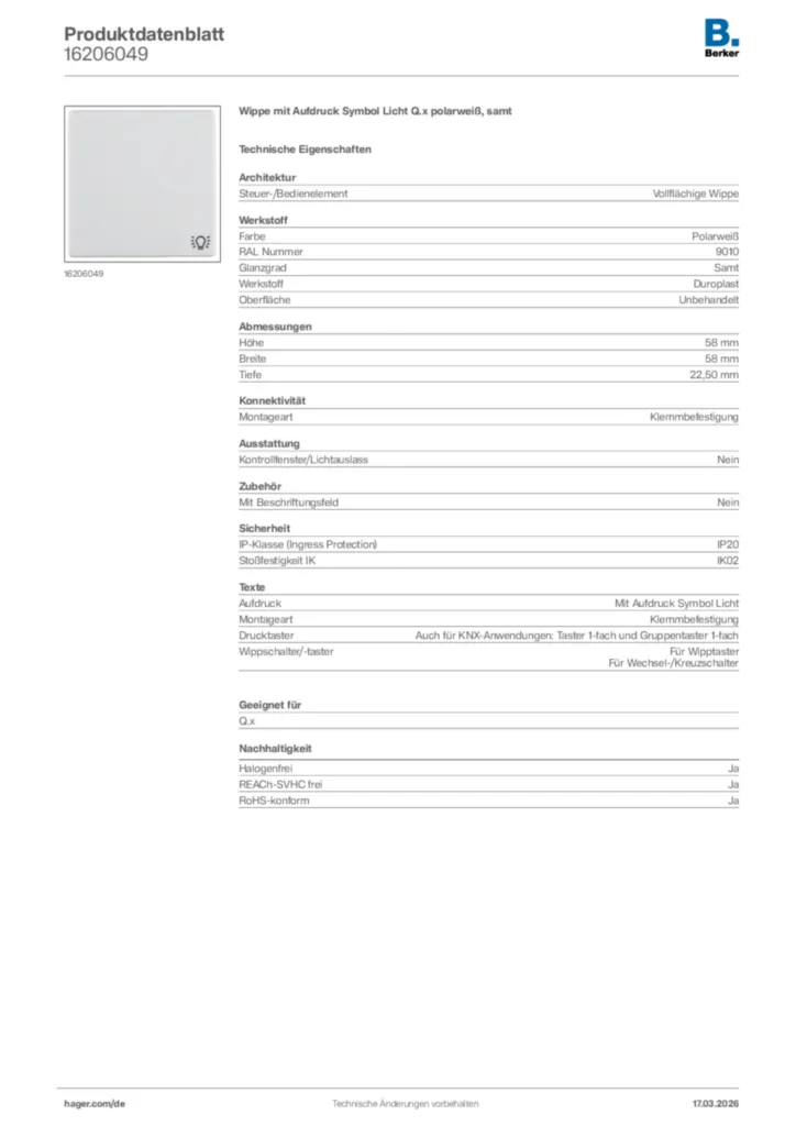 Bild Berker Produktdatenblatt 16206049 | Hager Deutschland
