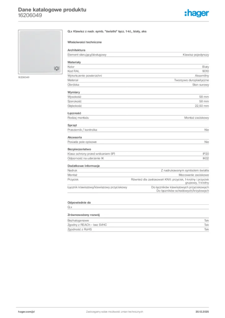 Zdjęcie Hager Karta katalogowa 16206049 | Hager Polska
