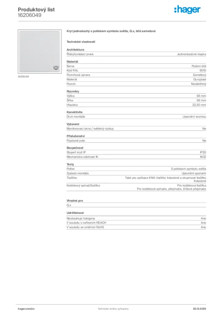 Obrázek Hager Produktový list 16206049 | Hager