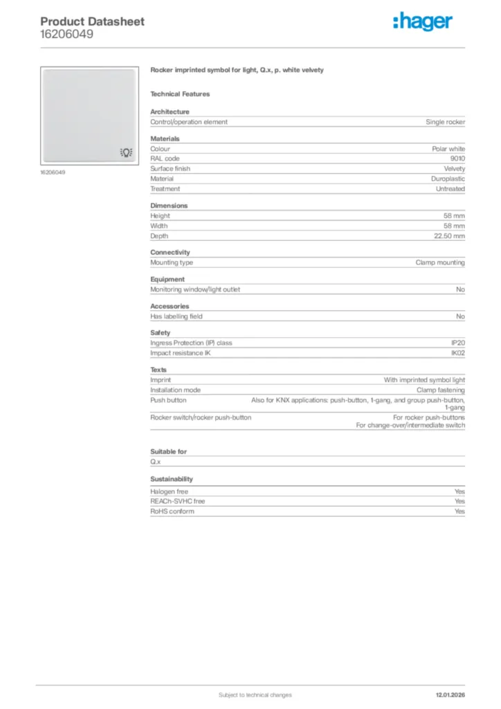 Image Hager Product data sheet 16206049  | Hager