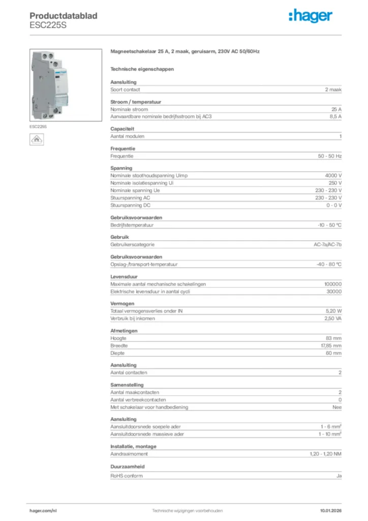 Afbeelding Hager Productdatablad ESC225S | Hager Nederland