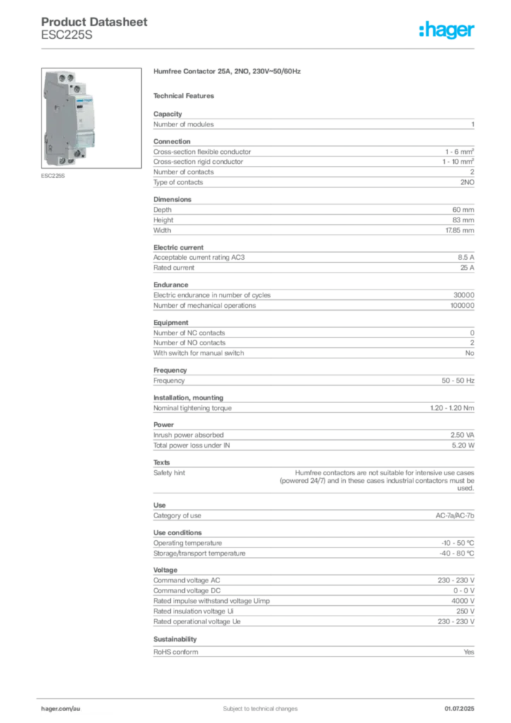 Image Hager Product data sheet ESC225S  | Hager Australia