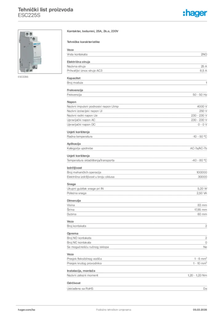Slika Hager Tehnički list proizvoda ESC225S  | Hager