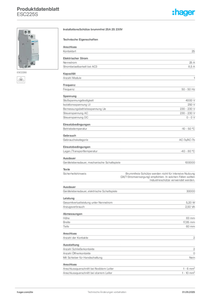 Hager Produktdatenblatt ESC225S