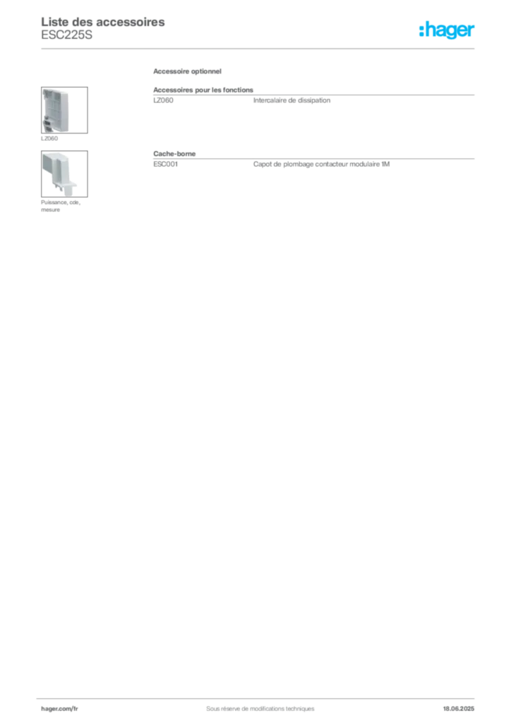 Image Hager Fiche technique du produit ESC225S | Hager France