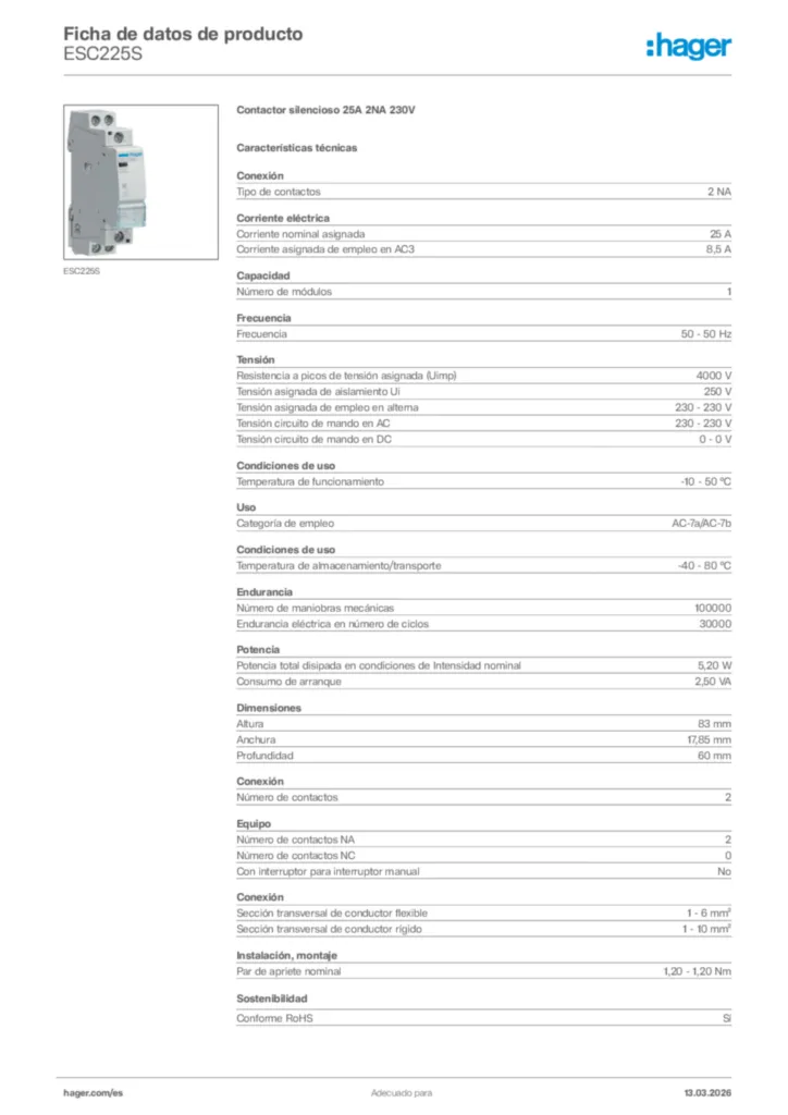 Imagen Hager Ficha de datos de producto ESC225S | Hager España