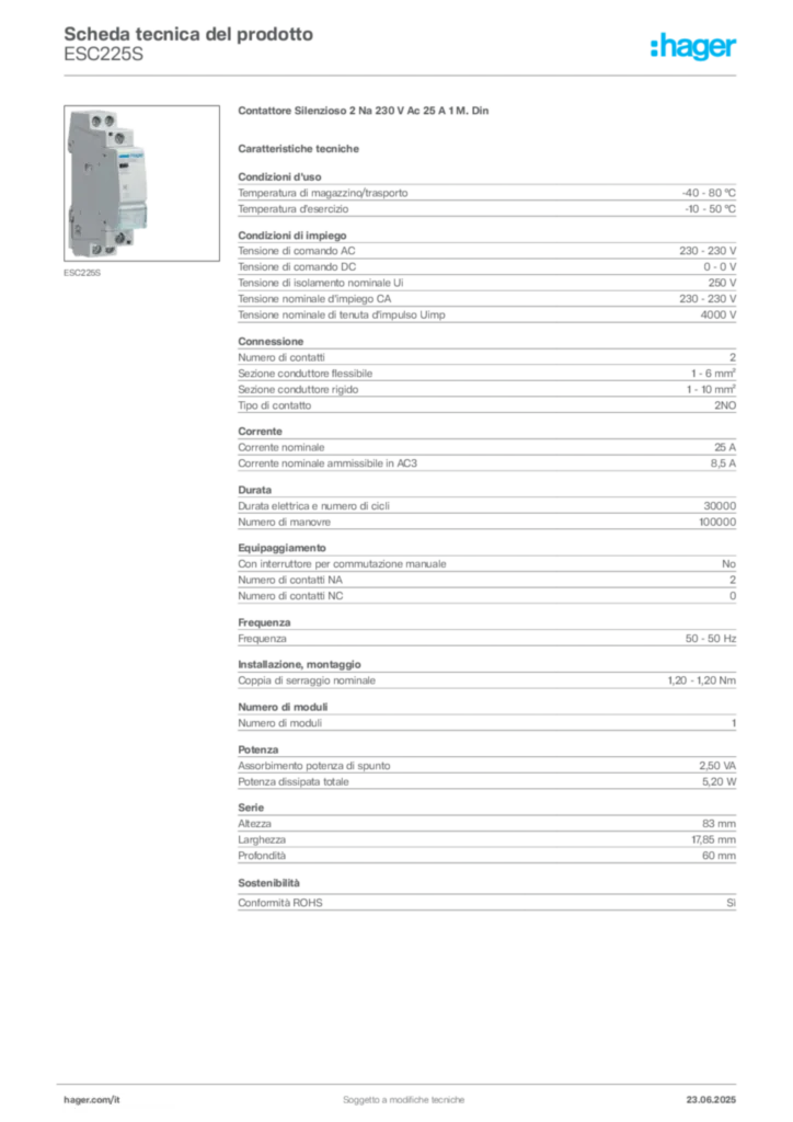 Immagine Hager Scheda tecnica del prodotto ESC225S | Hager Italia