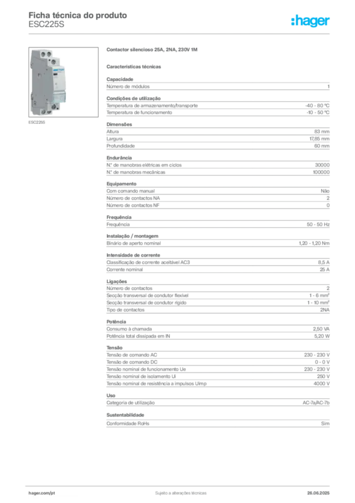 Imagem Hager Ficha técnica do produto ESC225S | Hager Portugal