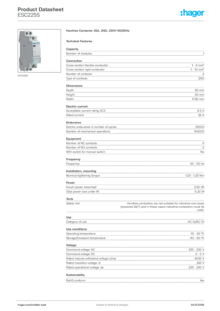 Image Hager Product data sheet ESC225S  | Hager