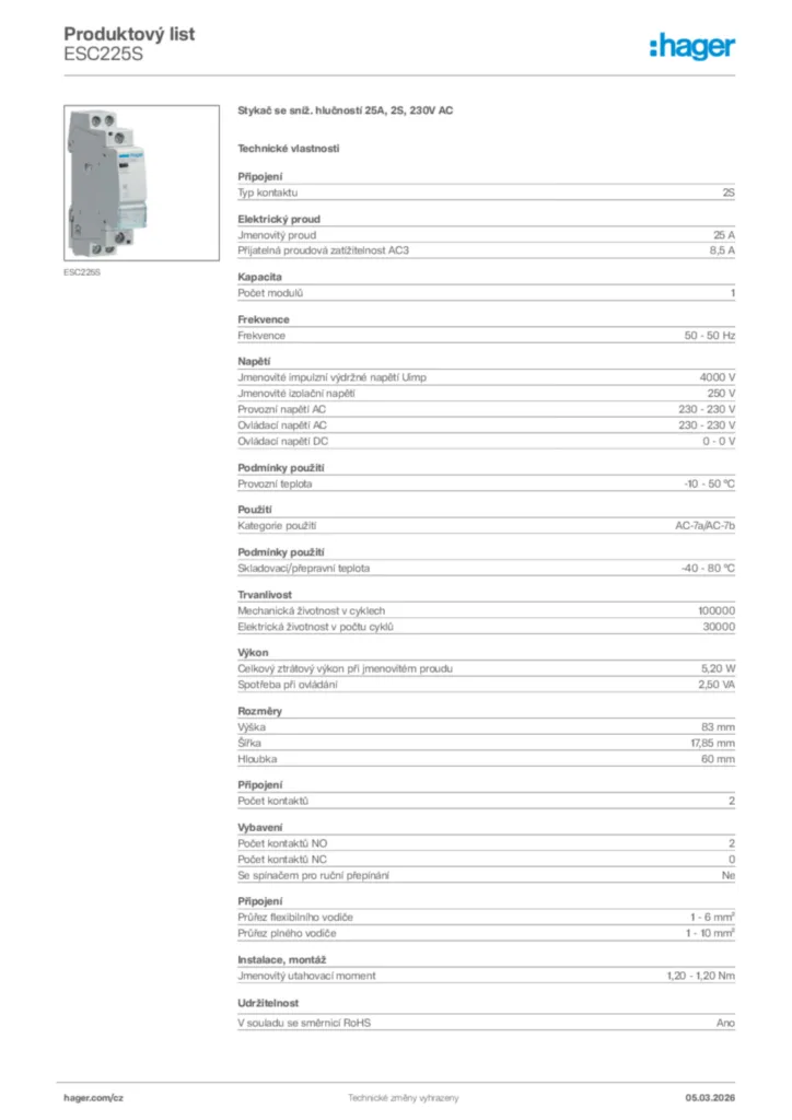 Obrázek Hager Product data sheet ESC225S | Hager