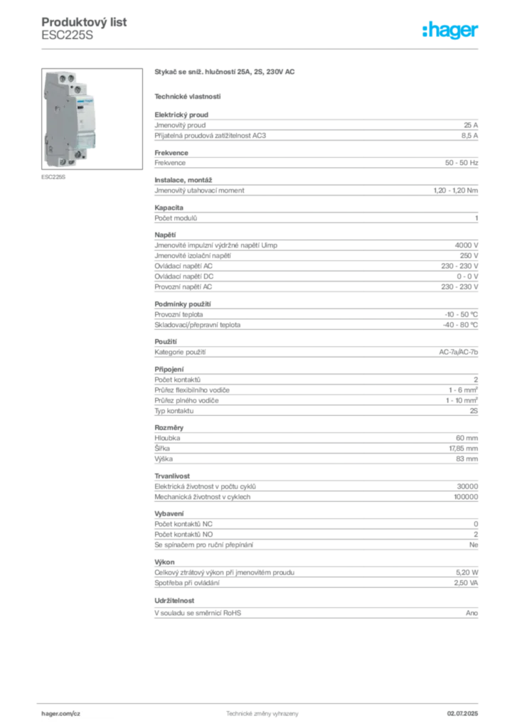 Obrázek Hager Produktový list ESC225S | Hager