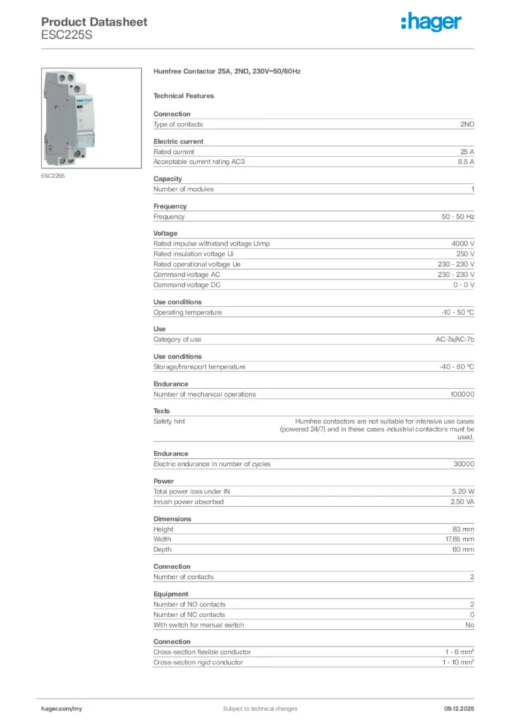 Image Hager Product data sheet ESC225S  | Hager