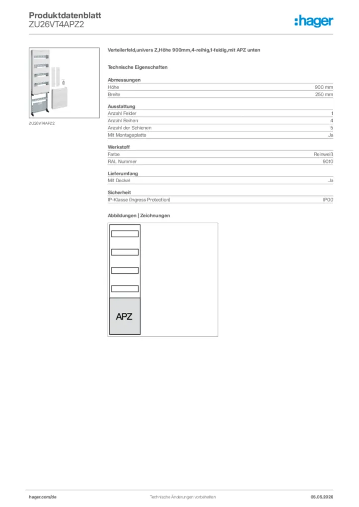 Bild Hager Produktdatenblatt ZU26VT4APZ2 | Hager Deutschland