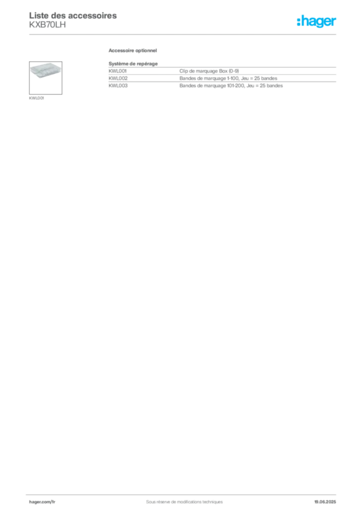 Image Hager Fiche technique du produit KXB70LH | Hager France