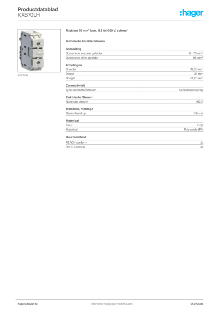 Afbeelding Hager Productdatablad KXB70LH | Hager Belgium