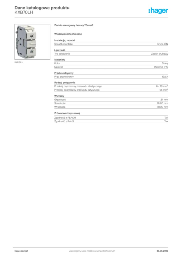 Zdjęcie Hager Karta katalogowa KXB70LH | Hager Polska