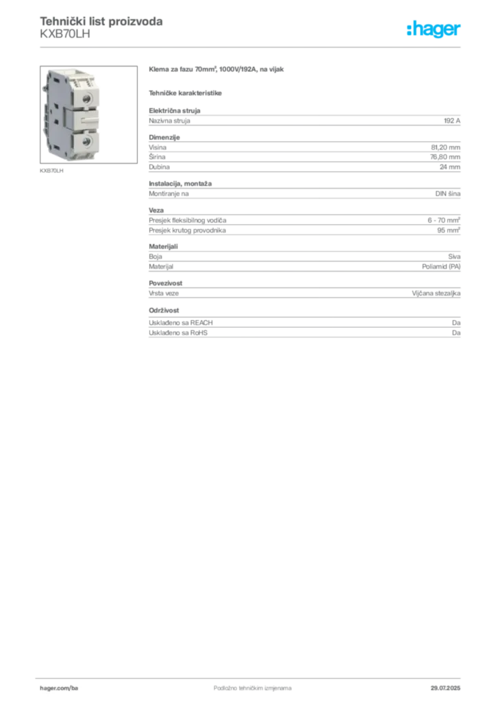 Slika Hager Product data sheet KXB70LH  | Hager